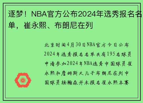 逐梦！NBA官方公布2024年选秀报名名单，崔永熙、布朗尼在列