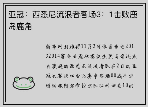 亚冠：西悉尼流浪者客场3：1击败鹿岛鹿角